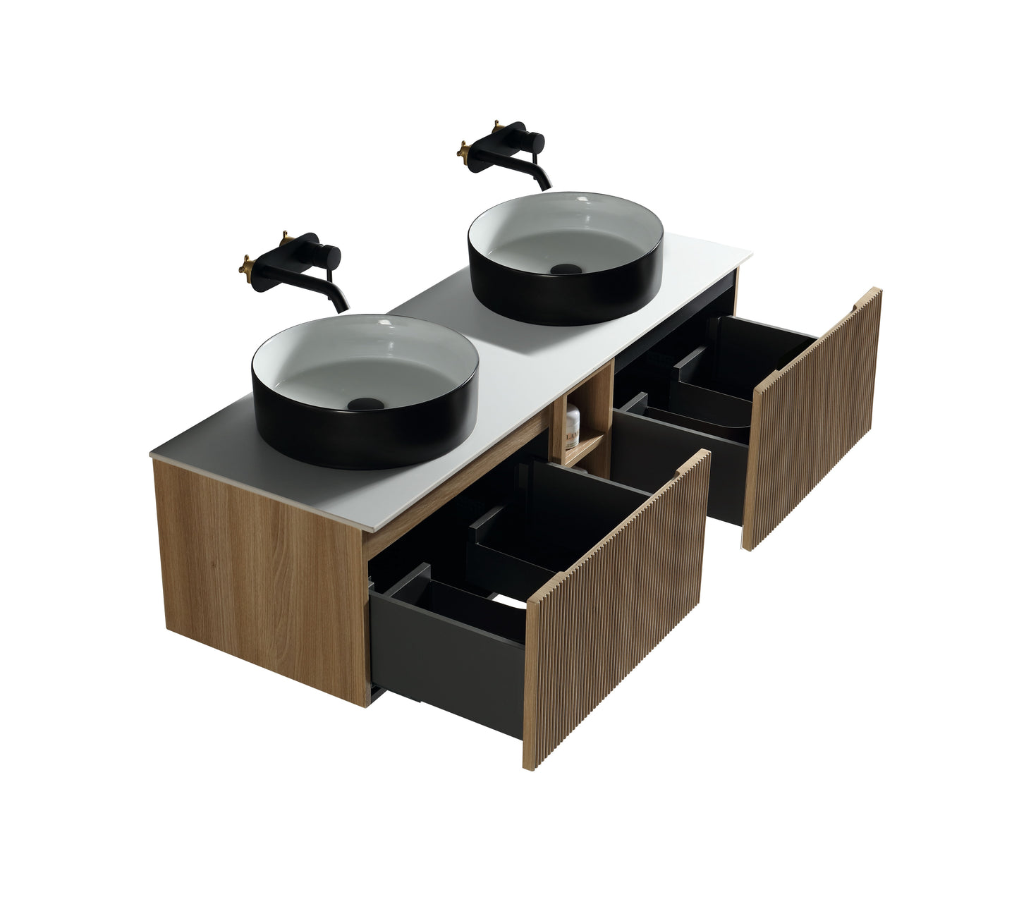 Tailored Bathrooms Flauto 1400mm Wall Hung Double Vanity with Side Storage & Sintered Stone Counter Top