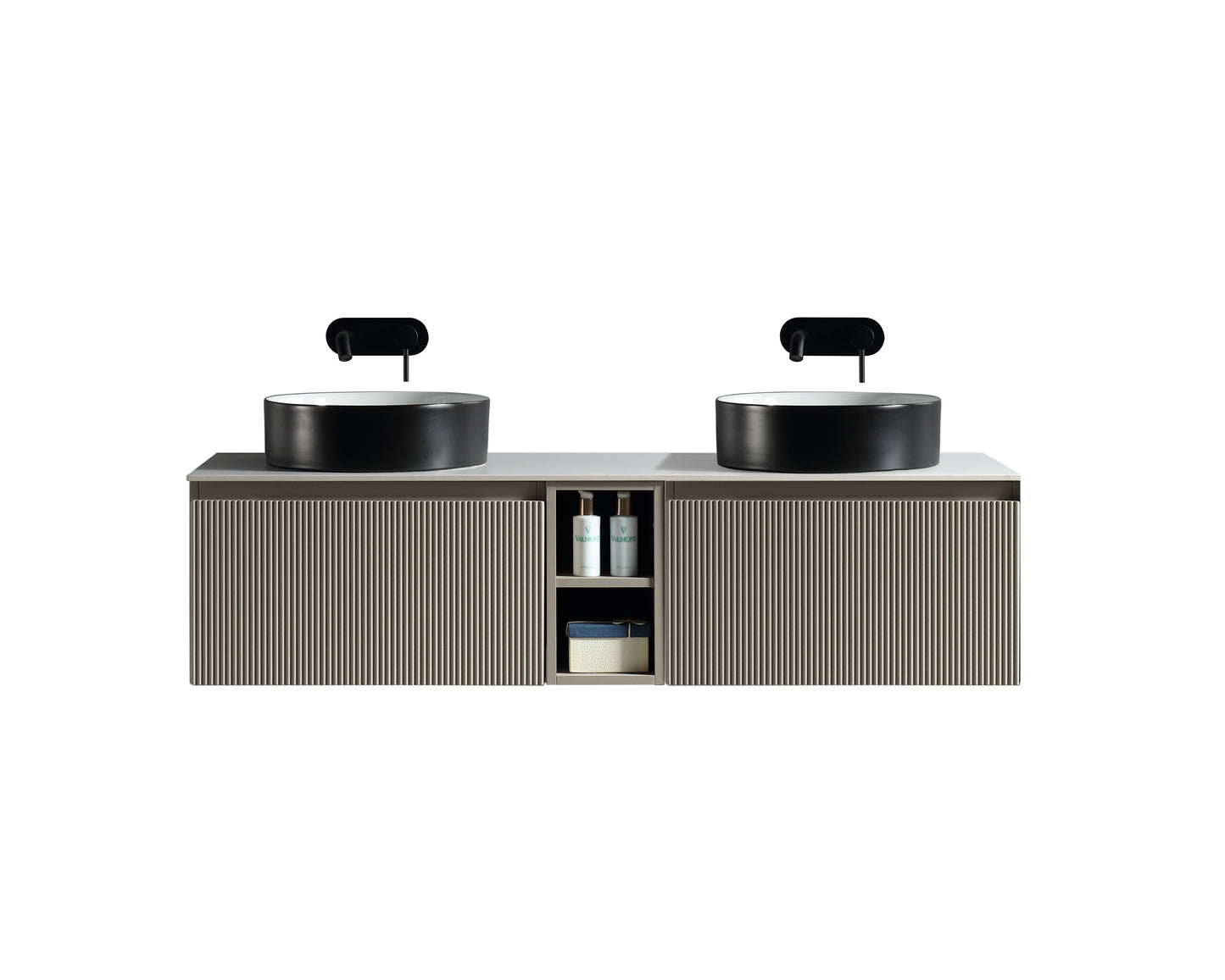 Tailored Bathrooms Flauto 1400mm Wall Hung Double Vanity with Side Storage & Sintered Stone Counter Top