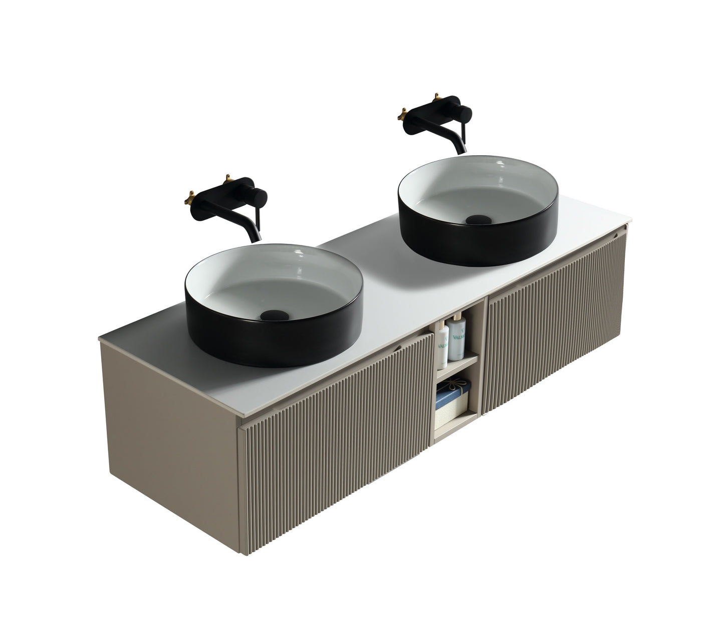 Tailored Bathrooms Flauto 1400mm Wall Hung Double Vanity with Side Storage & Sintered Stone Counter Top