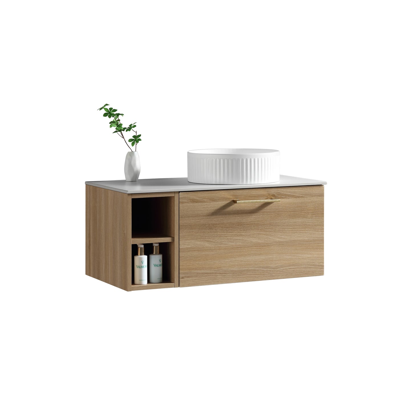 Tailored Bathrooms Piatta 800mm Wall Hung Vanity with Side Storage – Right Hand Sintered Stone Counter Top