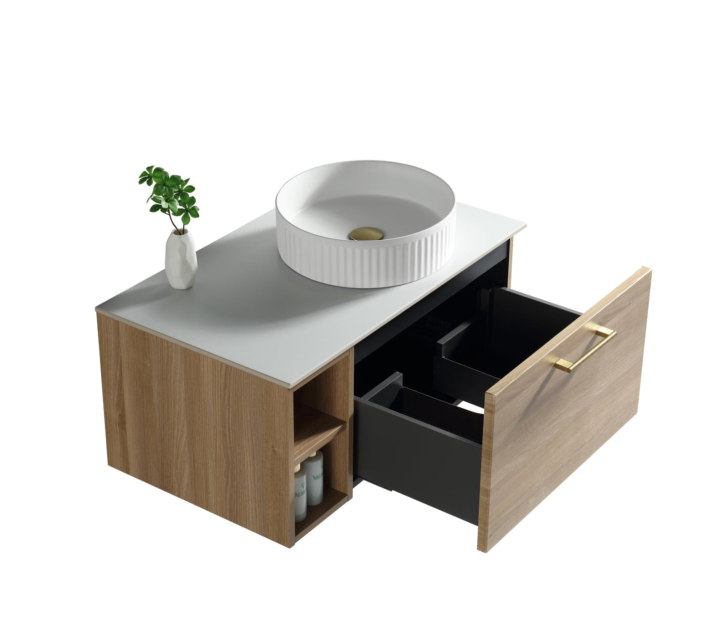 Tailored Bathrooms Piatta 800mm Wall Hung Vanity with Side Storage – Right Hand Sintered Stone Counter Top