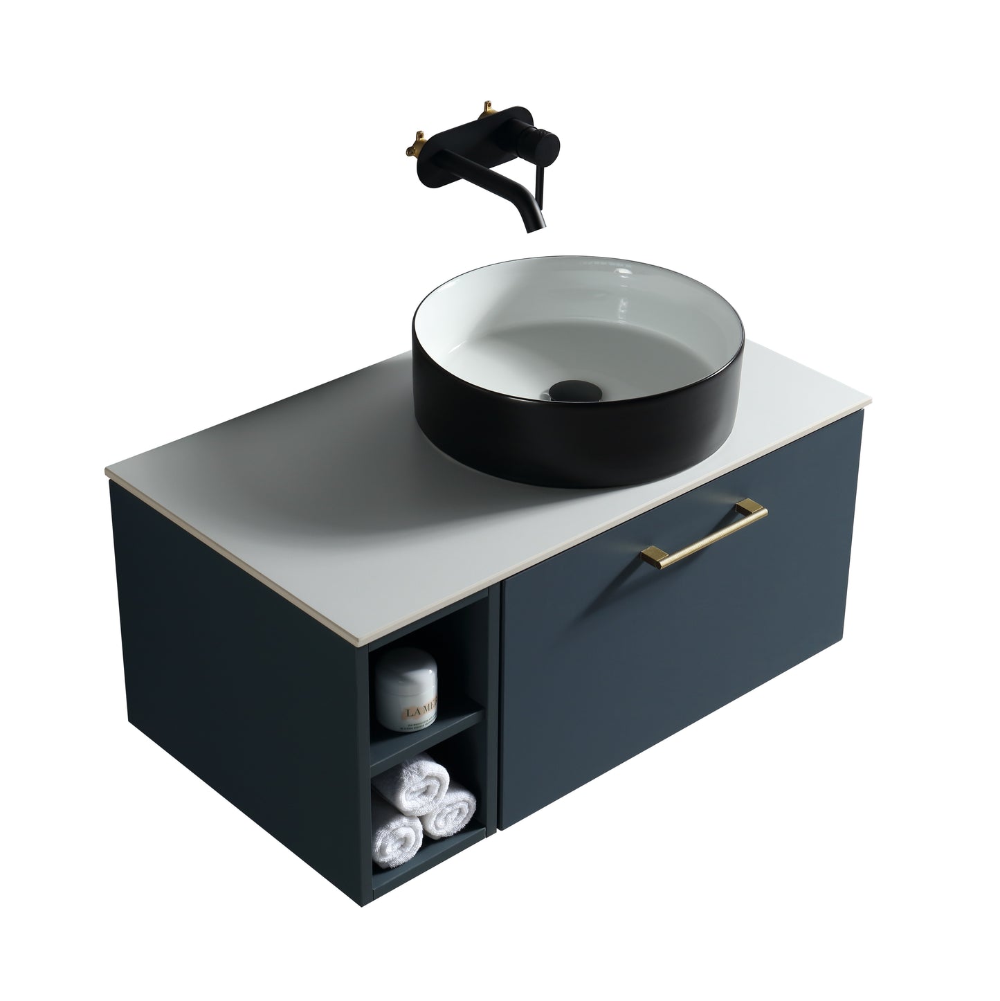 Tailored Bathrooms Piatta 800mm Wall Hung Vanity with Side Storage – Right Hand Sintered Stone Counter Top