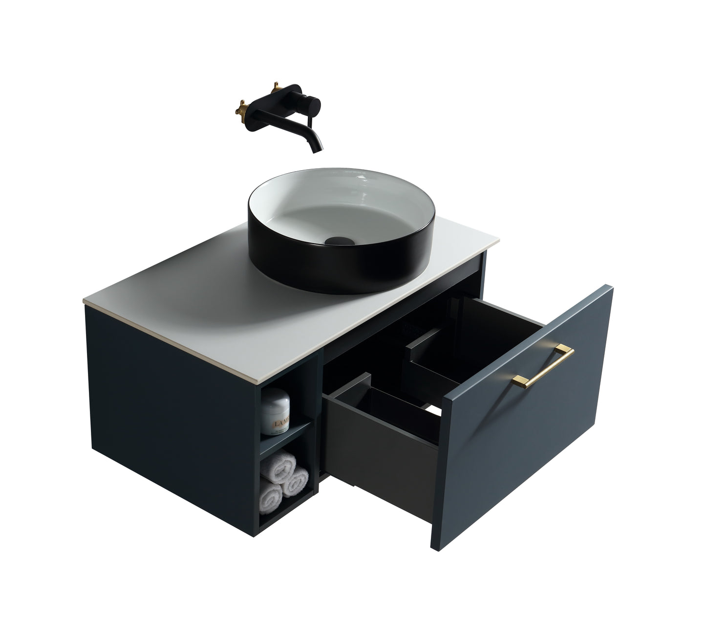 Tailored Bathrooms Piatta 800mm Wall Hung Vanity with Side Storage – Right Hand Sintered Stone Counter Top