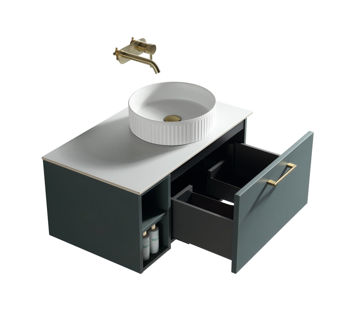 Tailored Bathrooms Piatta 800mm Wall Hung Vanity with Side Storage – Right Hand Sintered Stone Counter Top