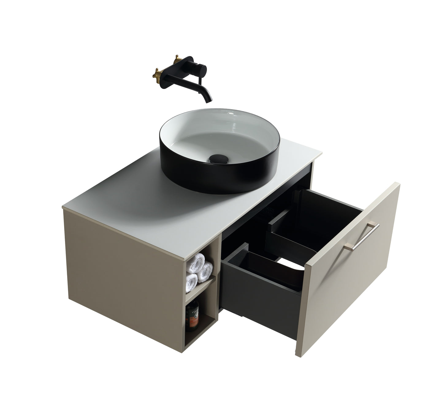 Tailored Bathrooms Piatta 800mm Wall Hung Vanity with Side Storage – Right Hand Sintered Stone Counter Top