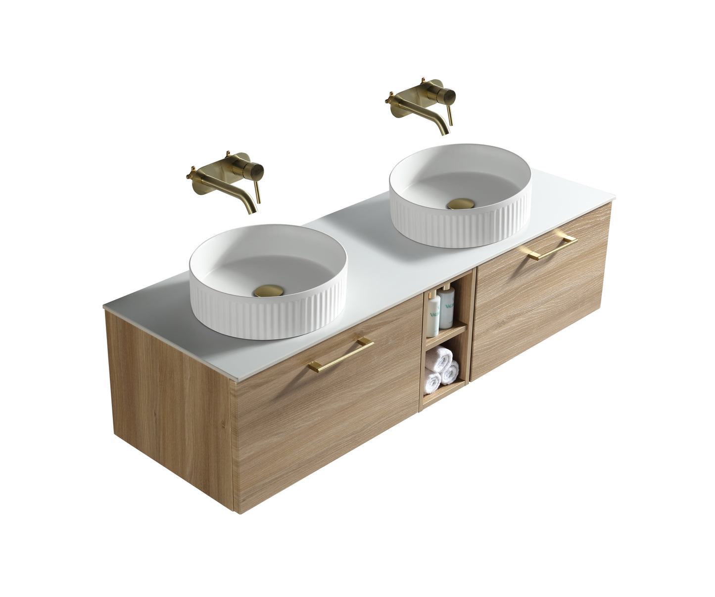 Tailored Bathrooms Piatta 1400mm Wall Hung Double Vanity with Side Storage & Sintered Stone Counter Top