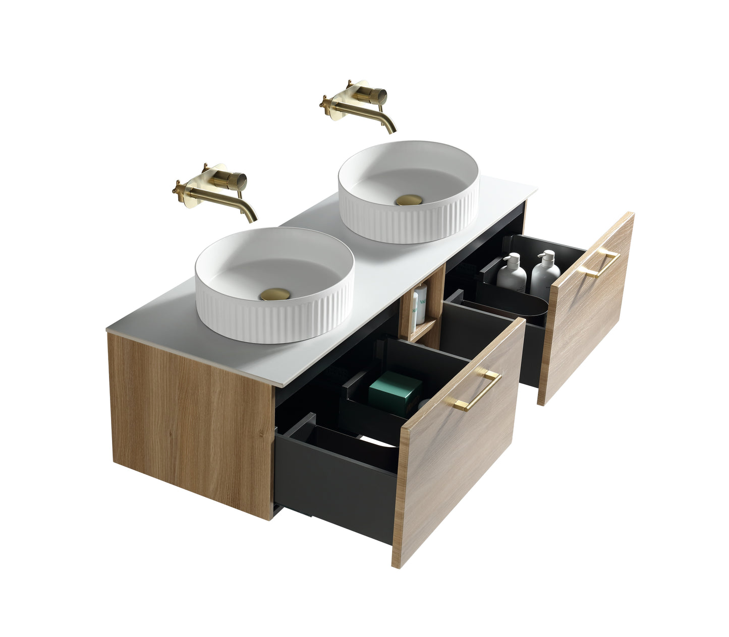 Tailored Bathrooms Piatta 1400mm Wall Hung Double Vanity with Side Storage & Sintered Stone Counter Top