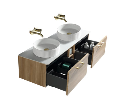 Tailored Bathrooms Piatta 1400mm Wall Hung Double Vanity with Side Storage & Sintered Stone Counter Top