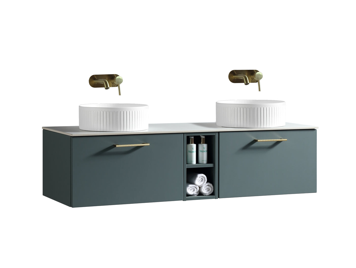 Tailored Bathrooms Piatta 1400mm Wall Hung Double Vanity with Side Storage & Sintered Stone Counter Top