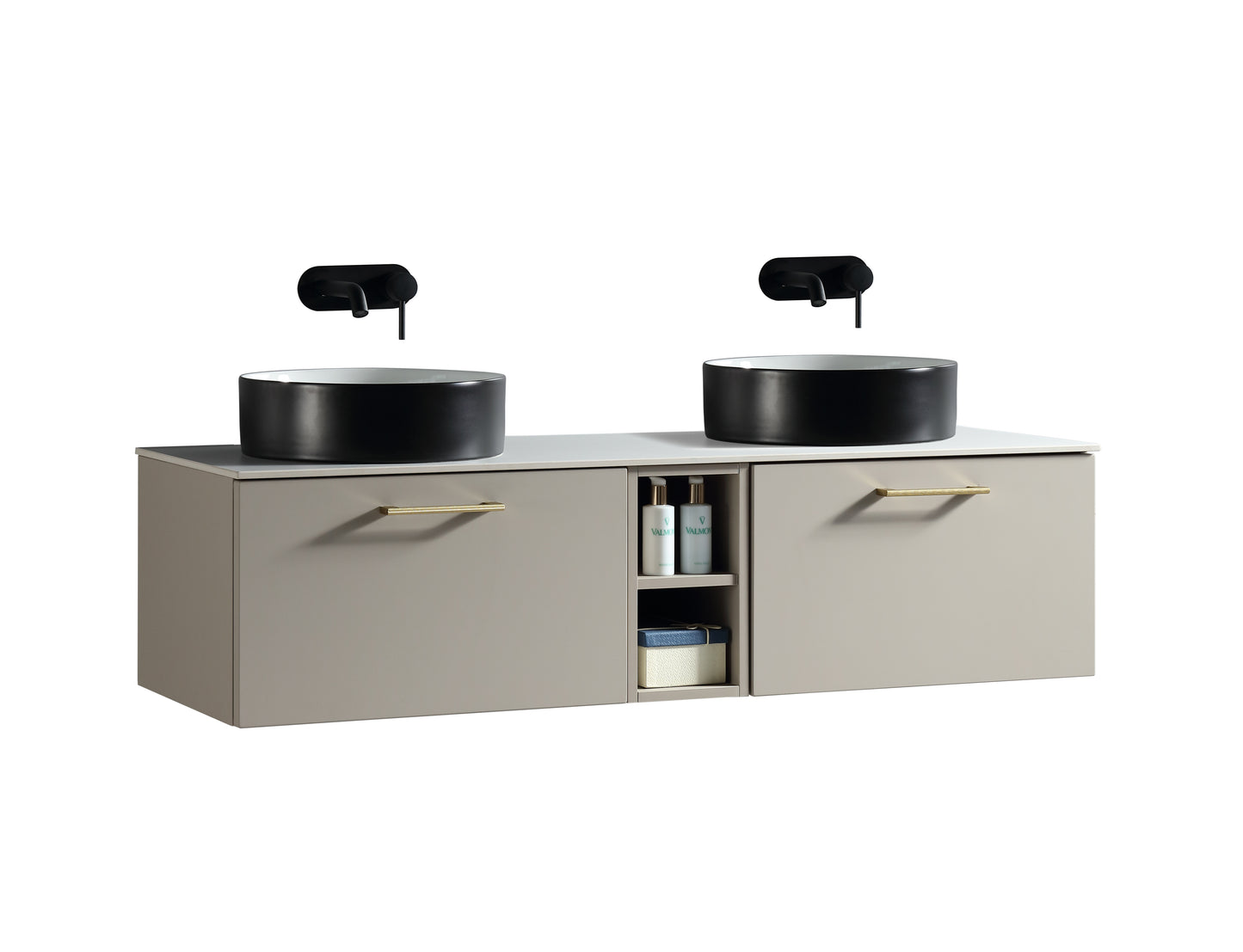 Tailored Bathrooms Piatta 1400mm Wall Hung Double Vanity with Side Storage & Sintered Stone Counter Top