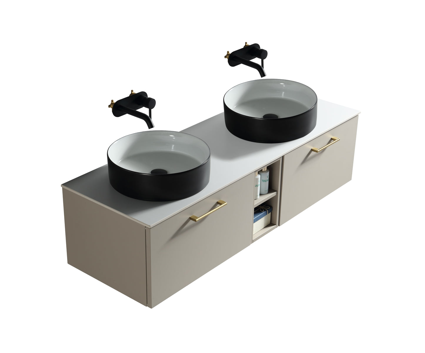 Tailored Bathrooms Piatta 1400mm Wall Hung Double Vanity with Side Storage & Sintered Stone Counter Top