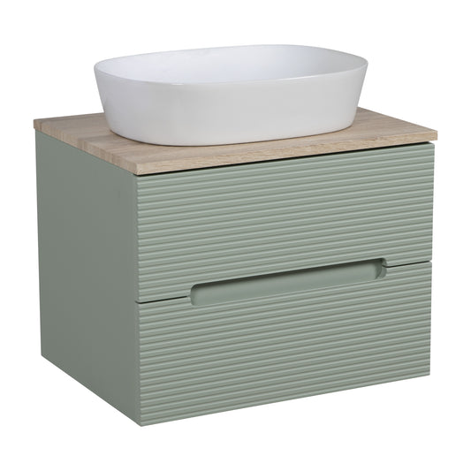 Tailored Bathrooms Monza Plus 600mm Fluted Wall Hung Vanity & Counter Top – Aloe Green/Country Oak | A Modern Statement Piece for Your Bathroom