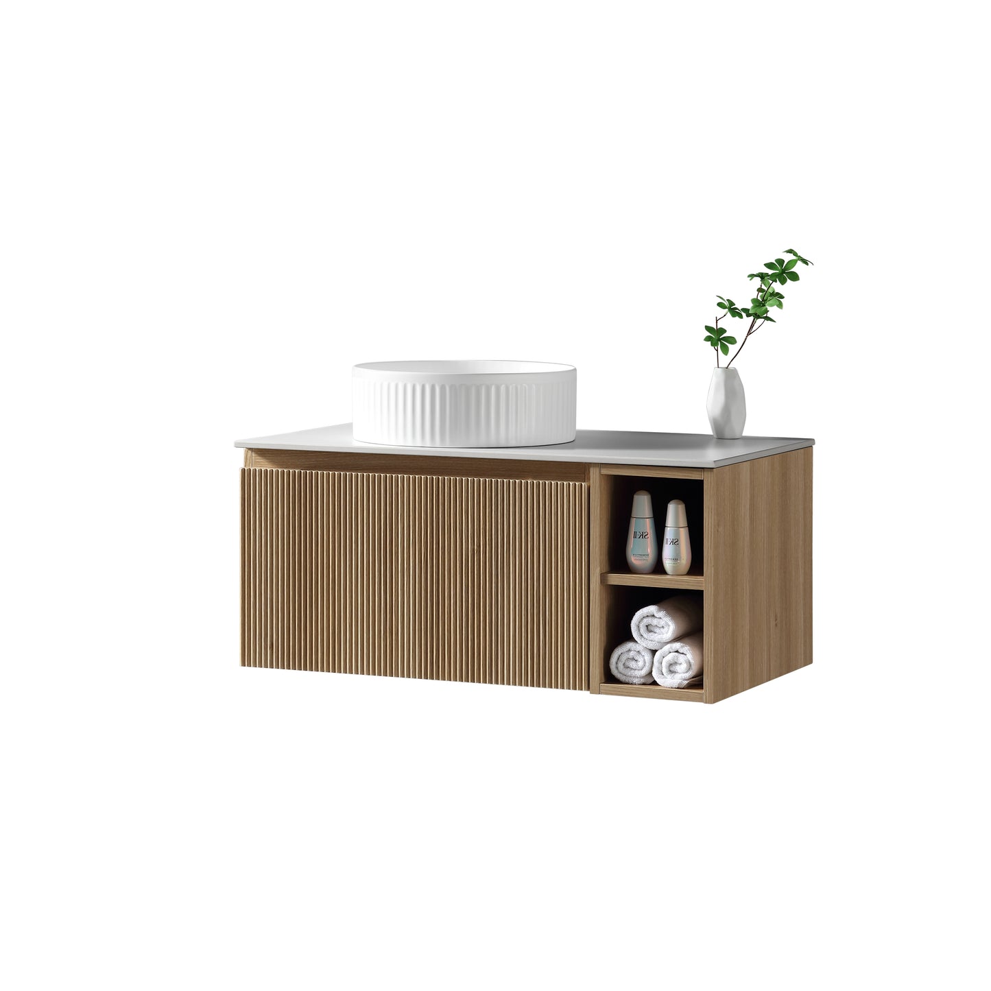 Tailored Bathrooms Flauto 800mm Wall Hung Vanity with Side Storage – Left Hand Sintered Stone Counter Top