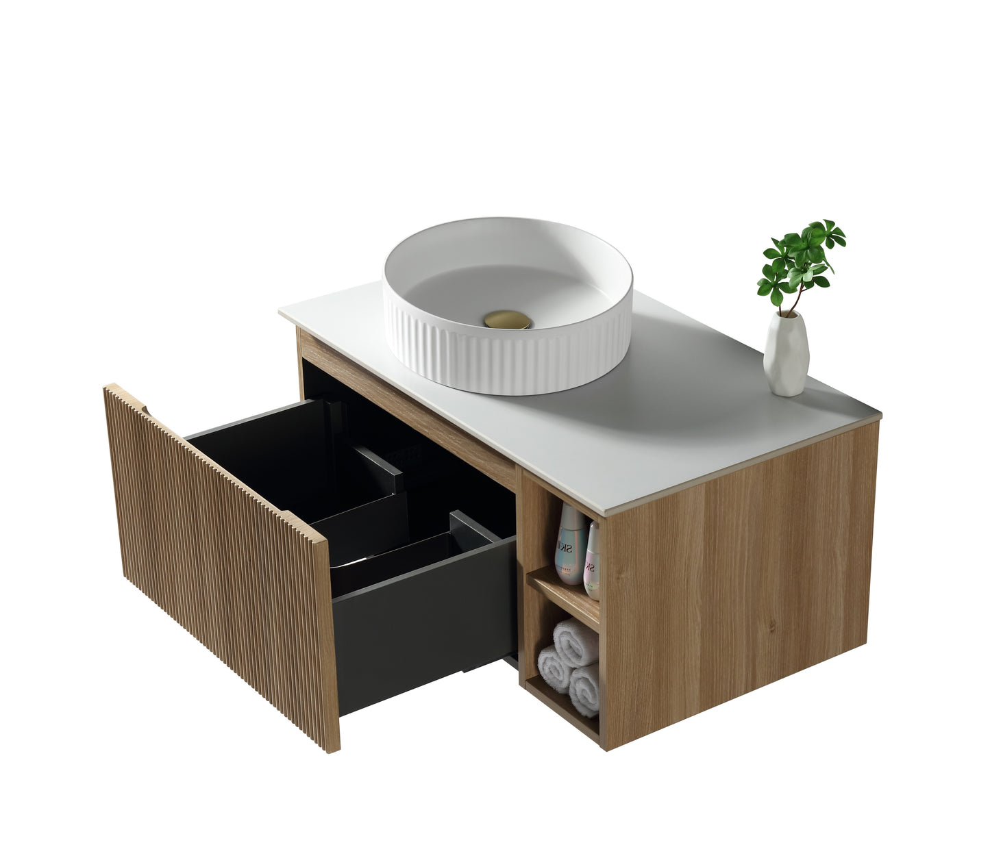 Tailored Bathrooms Flauto 800mm Wall Hung Vanity with Side Storage – Left Hand Sintered Stone Counter Top