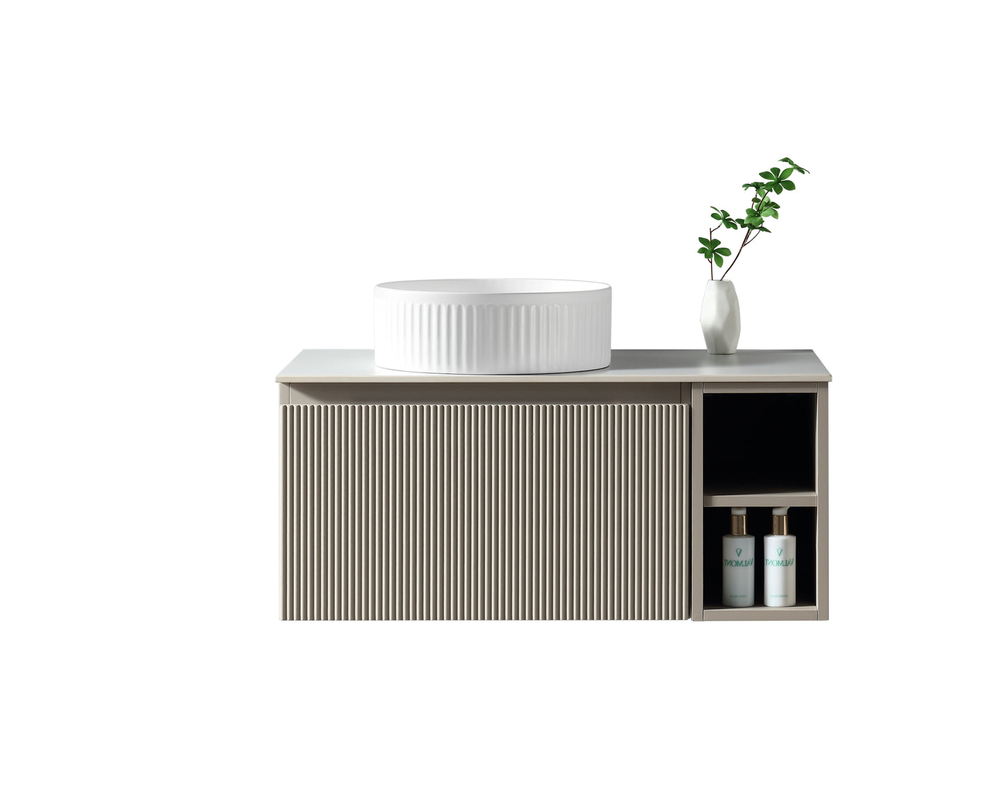Tailored Bathrooms Flauto 800mm Wall Hung Vanity with Side Storage – Left Hand Sintered Stone Counter Top