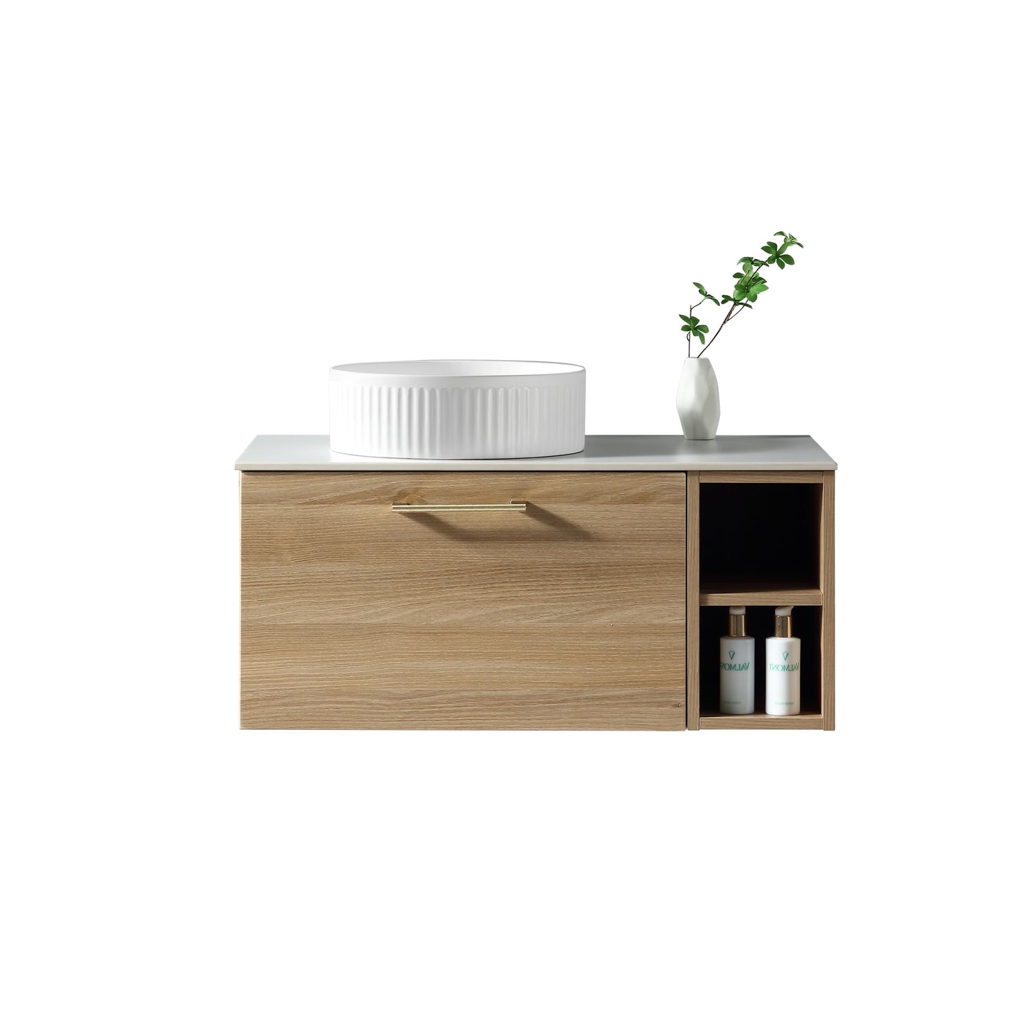 Tailored Bathrooms  Piatta 800mm Wall Hung Vanity with Side Storage – Left Hand Sintered Stone Counter Top