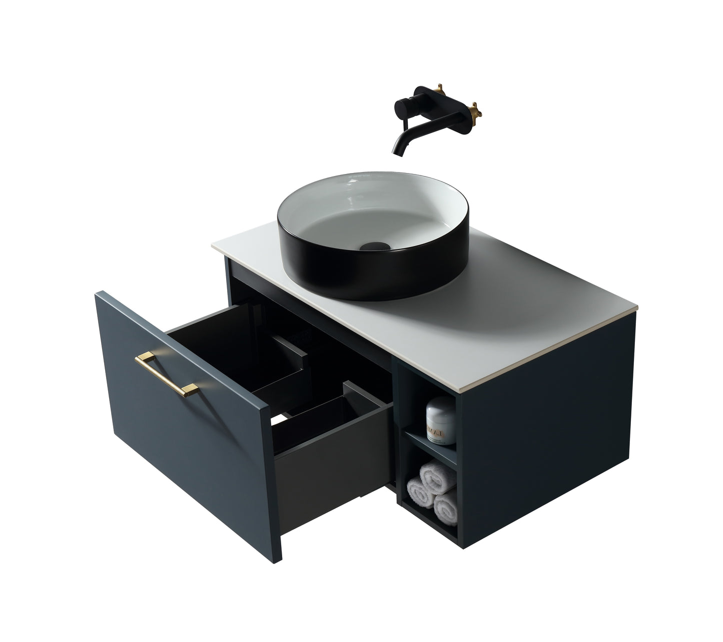 Tailored Bathrooms  Piatta 800mm Wall Hung Vanity with Side Storage – Left Hand Sintered Stone Counter Top