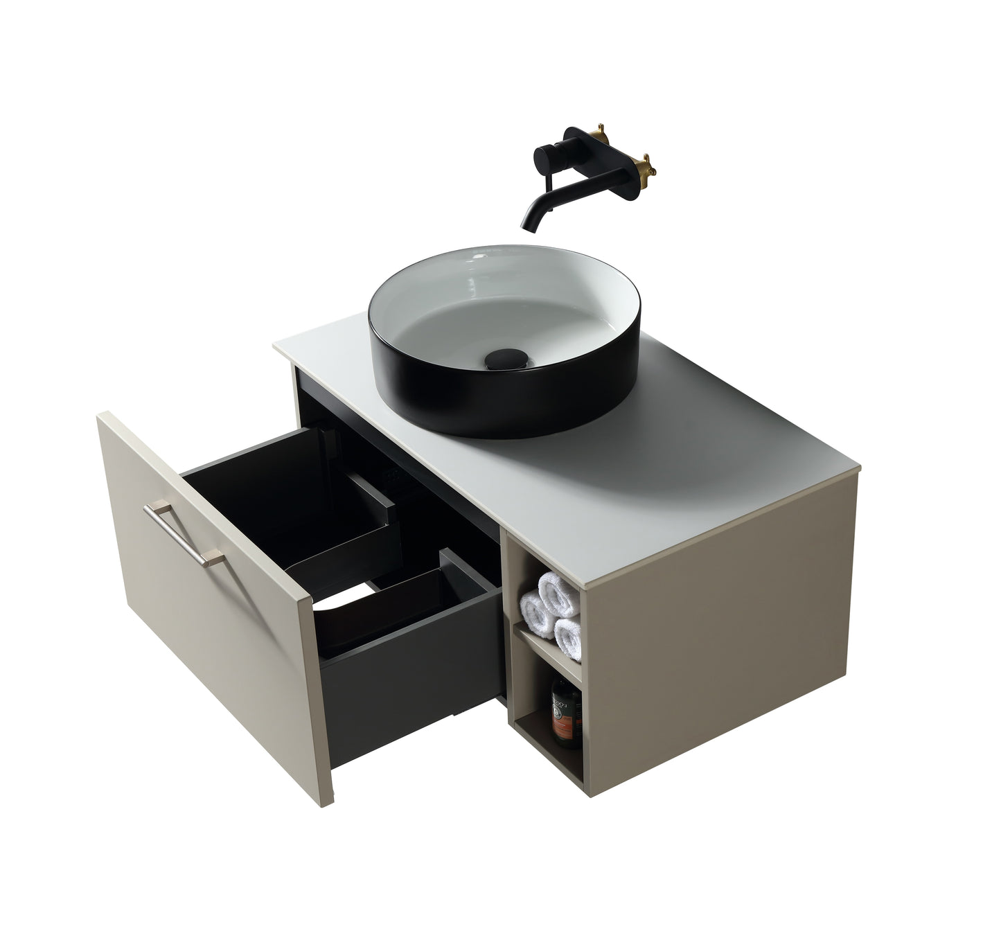 Tailored Bathrooms  Piatta 800mm Wall Hung Vanity with Side Storage – Left Hand Sintered Stone Counter Top