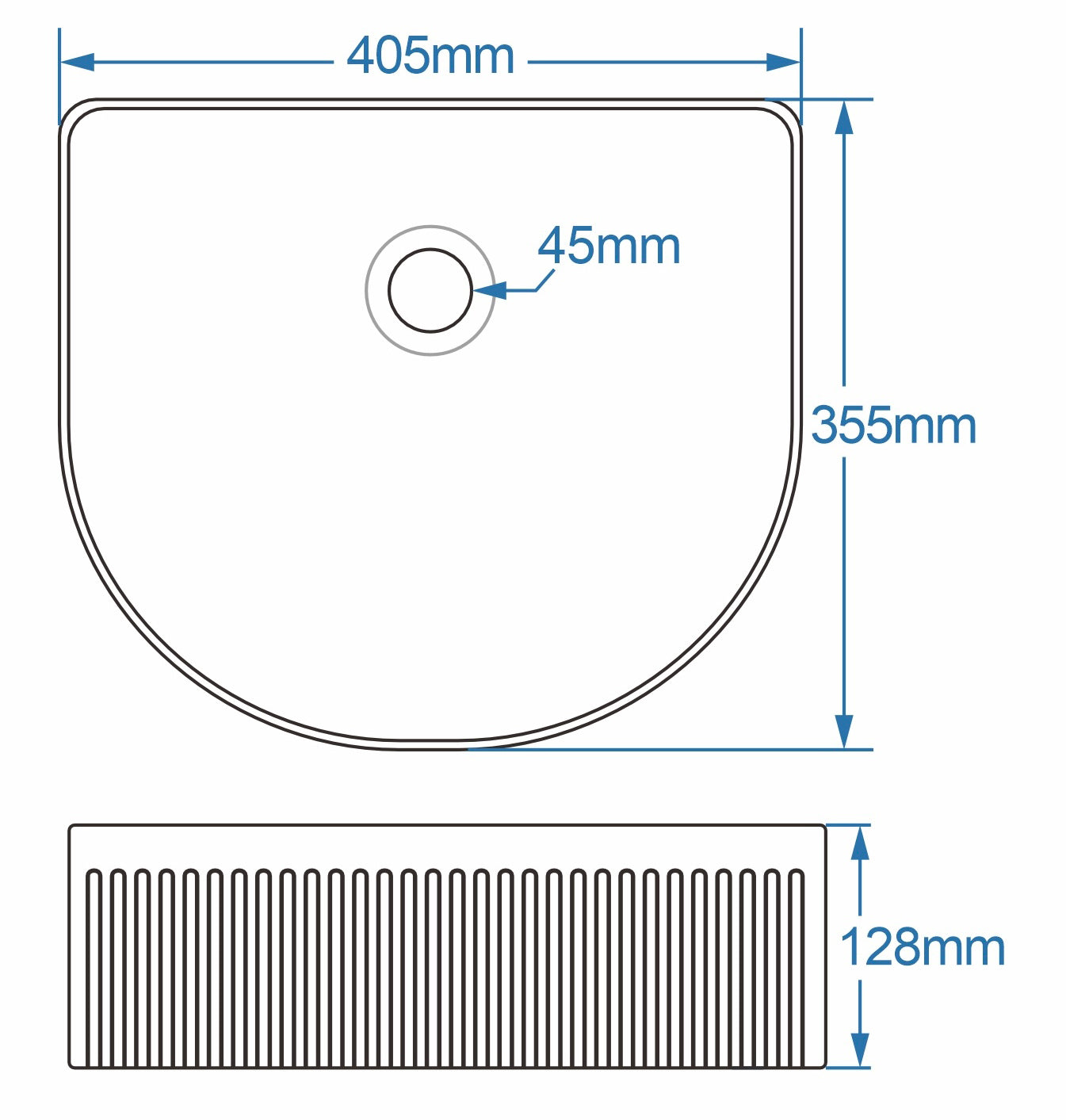 Tailored Bathrooms Flauto Fluted D-Shape Countertop Basin – Gloss White 405x355x128mm