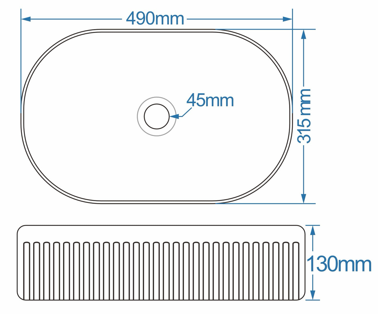 Tailored Bathrooms Flauto Fluted Oval Countertop Basin – Gloss White 490x315x130mm