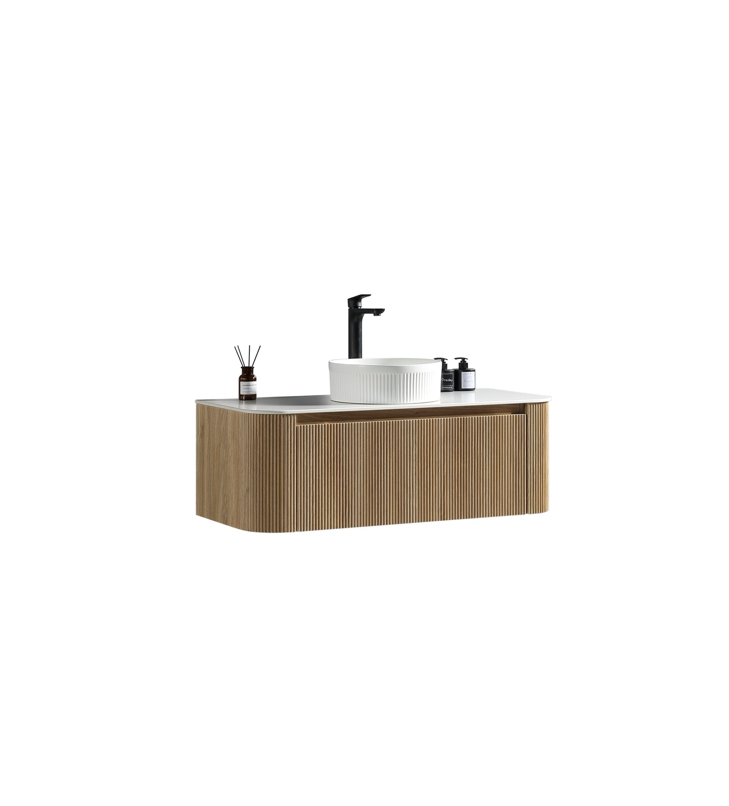 Tailored Bathrooms – Flauto 1070mm Wall Hung Curve Corner Vanity with Sintered Stone Counter Top