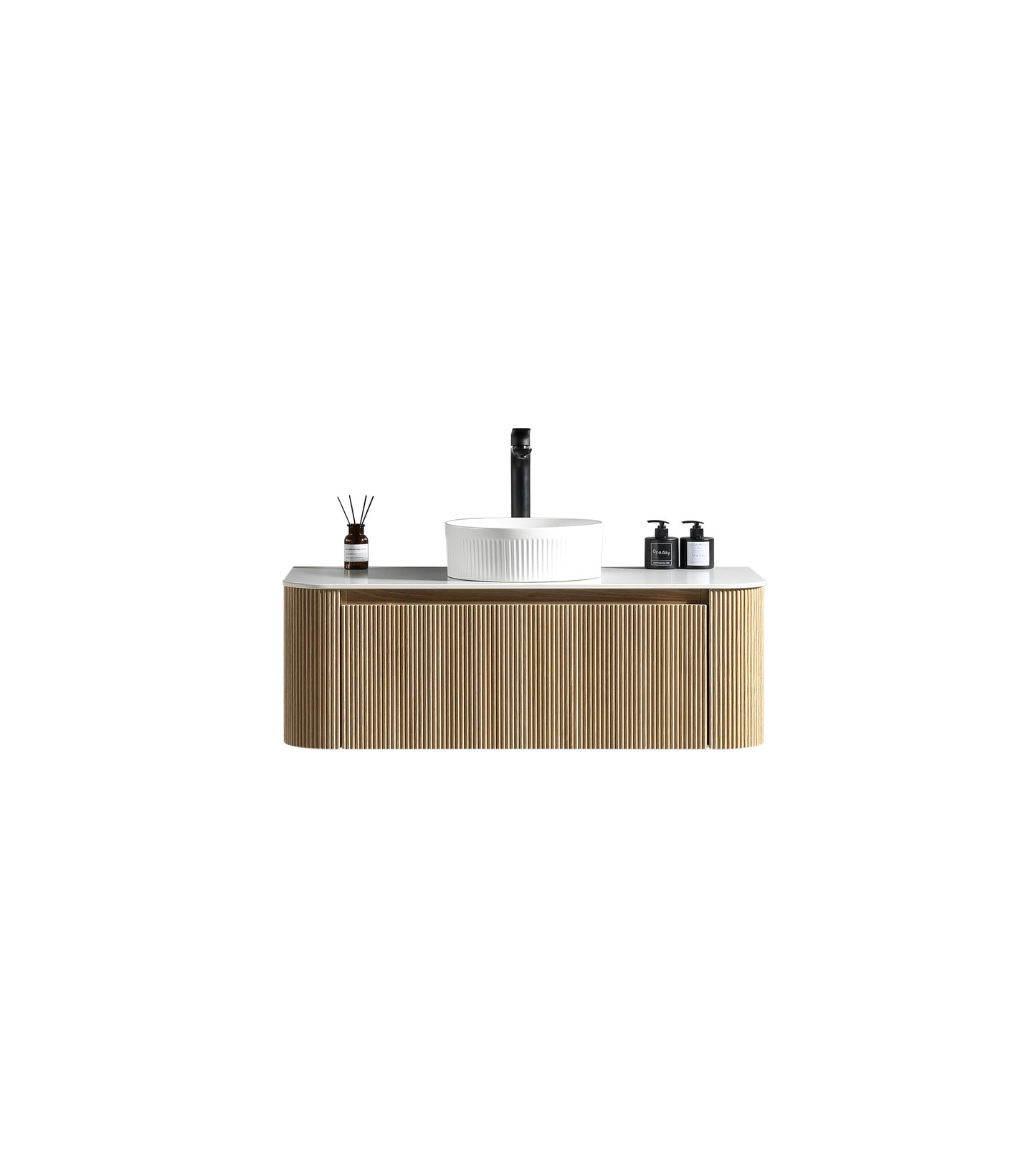 Tailored Bathrooms – Flauto 1070mm Wall Hung Curve Corner Vanity with Sintered Stone Counter Top
