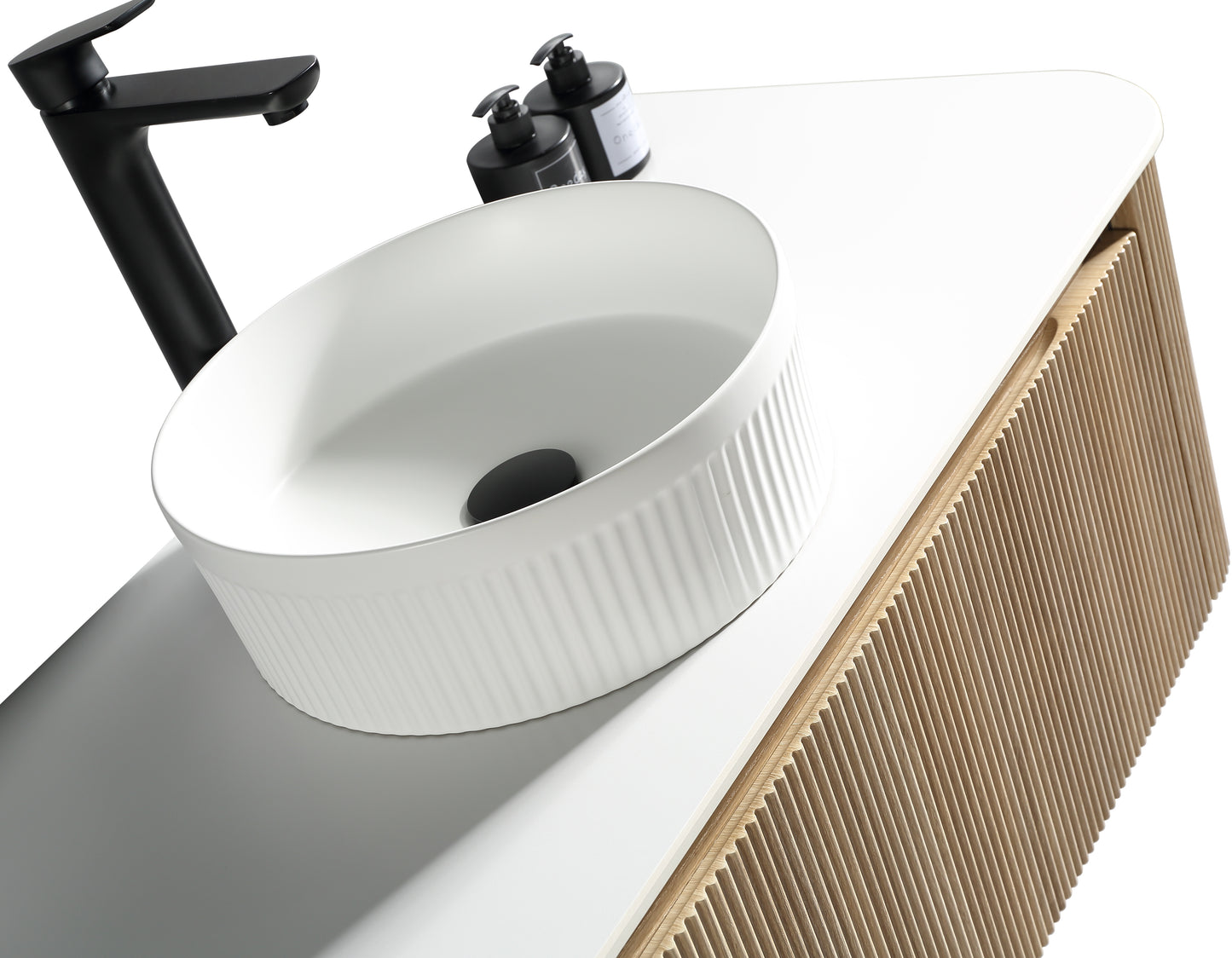 Tailored Bathrooms – Flauto 1070mm Wall Hung Curve Corner Vanity with Sintered Stone Counter Top