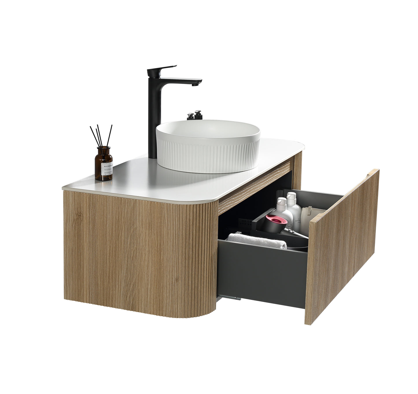 Tailored Bathrooms – Flauto 1070mm Wall Hung Curve Corner Vanity with Sintered Stone Counter Top