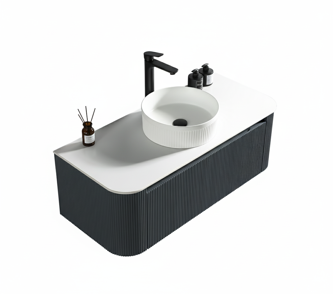 Tailored Bathrooms – Flauto 1070mm Wall Hung Curve Corner Vanity with Sintered Stone Counter Top