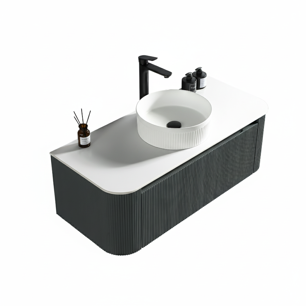 Tailored Bathrooms – Flauto 1070mm Wall Hung Curve Corner Vanity with Sintered Stone Counter Top
