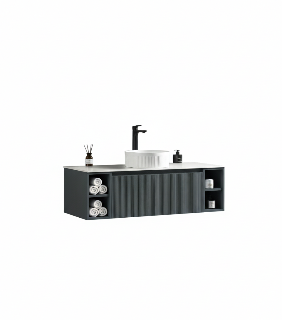 Tailored Bathrooms – Flauto 1200mm Wall Hung Vanity with 2 Side Storage & Sintered Stone Counter Top