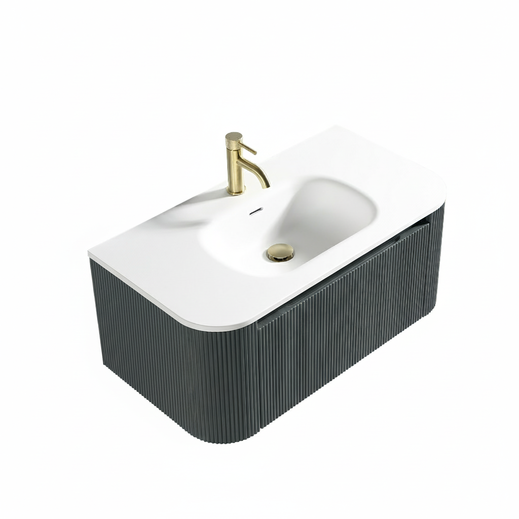 Tailored Bathrooms – Flauto 870mm Wall Hung Curve Corner Vanity with Matte Basin