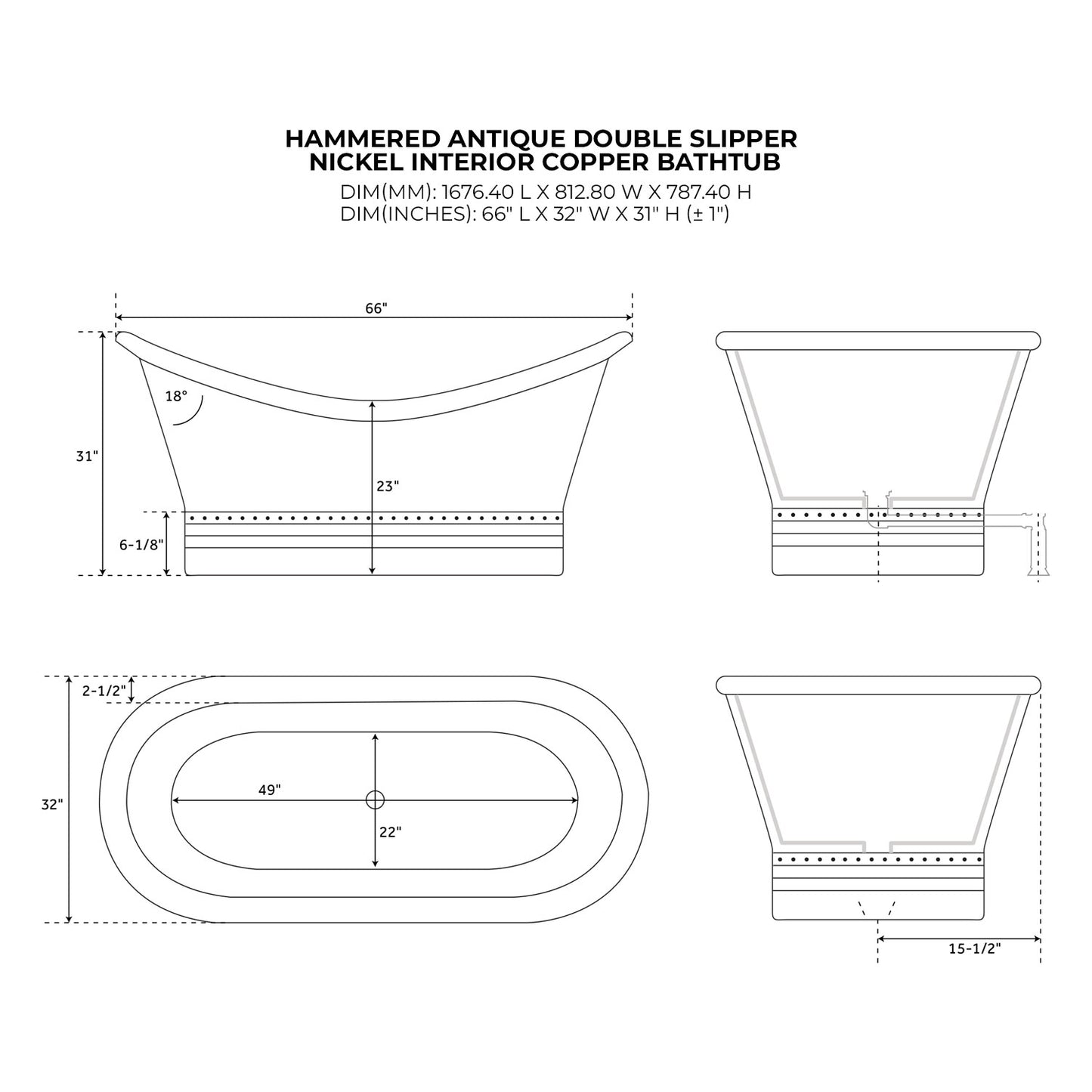 Coppersmith Creations Double Slipper Nickel Interior Copper Bathtub