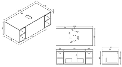 Tailored Bathrooms Flauto 1000mm Wall Hung Vanity with 2 Side Storage Units & Sintered Stone Counter Top