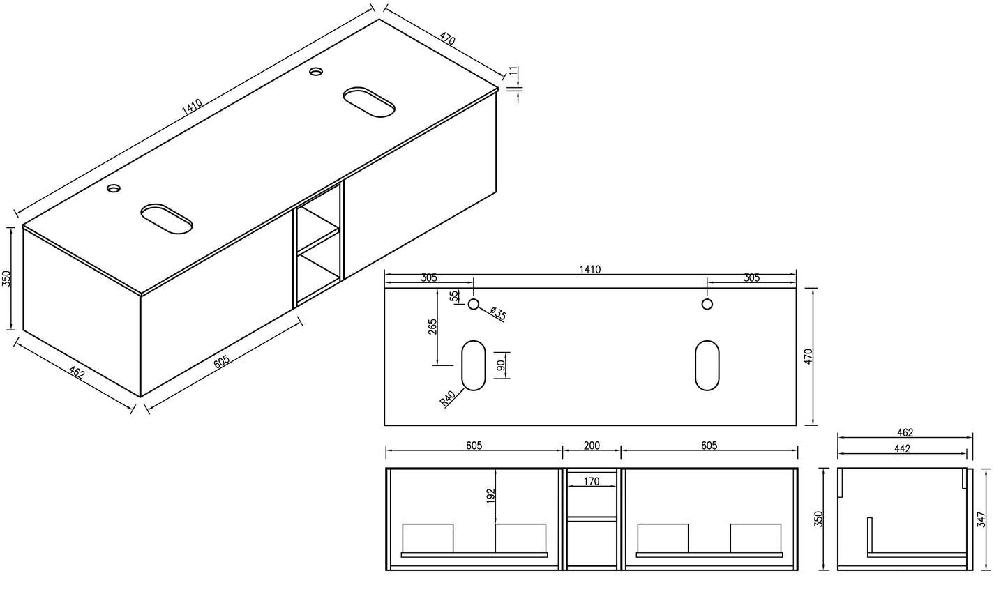 Tailored Bathrooms Flauto 1400mm Wall Hung Double Vanity with Side Storage & Sintered Stone Counter Top