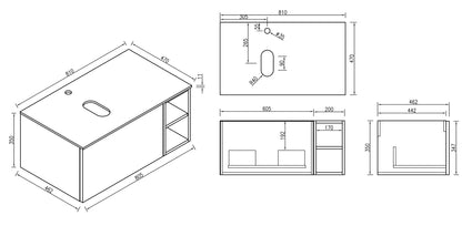 Tailored Bathrooms Flauto 800mm Wall Hung Vanity with Side Storage – Left Hand Sintered Stone Counter Top