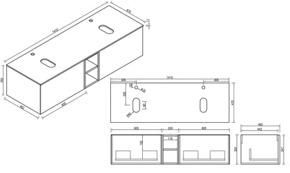 Tailored Bathrooms Piatta 1400mm Wall Hung Double Vanity with Side Storage & Sintered Stone Counter Top
