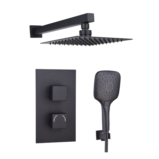 Tailored Bathrooms Black Square Concealed Thermostatic 3 Handle 2 Way Shower Kit with Stainless Steel Head