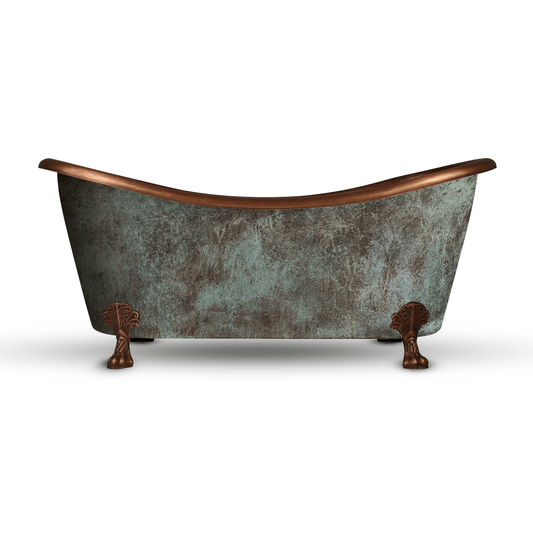 Coppersmith Creations Hammered Clawfoot Copper Double Slipper Tub – Blue-Green Patina Exterior